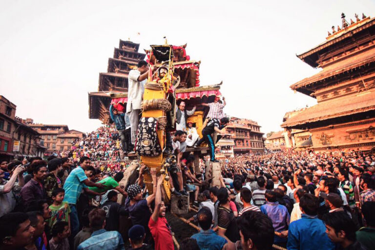 Crowds celebrating Biskt Jatra in Bhaktapur
