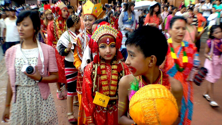 Young festival goers at Gai Jatra in Nepal