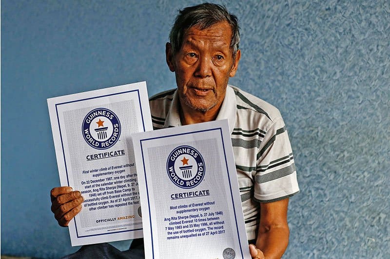 Ang Rita Sherpa with Guinness World Record certificates
