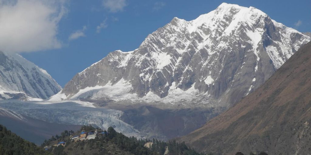 A monastery with a mountain backdrop, Manaslu Region