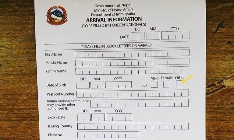 Nepal arrival card with other gender option highlighted